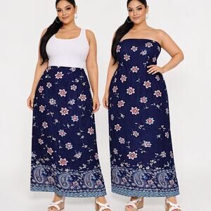 Emerald Convertible Floral Maxi Skirt OR Dress  Navy Boho Floral Paisley 1X & 2X